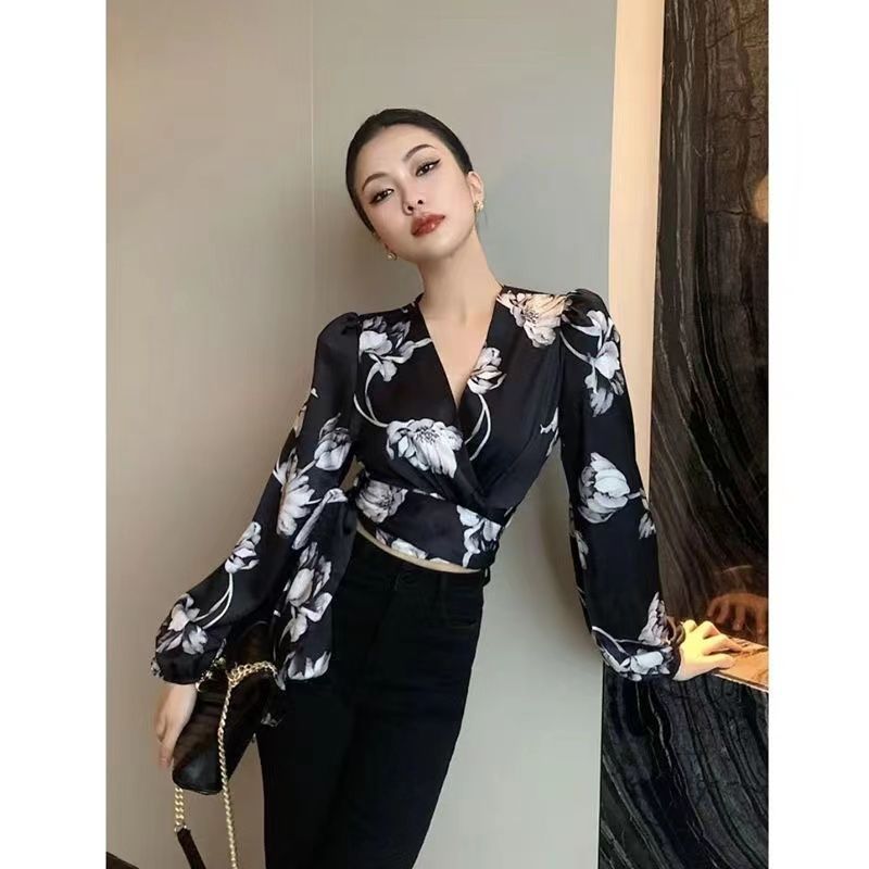 Chiffon Shirt Elegant Commuter Chic Cross Strap V-neck Long Sleeve Shirt 2024 Spring New Top For Women Ins Fashion