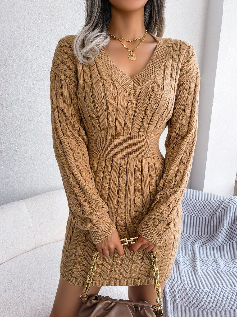 Ins Style Real Shot Autumn And Winter European And American Fashion Waist Twist Hip Dress Sweater Dress Amazon Cross-border Women&#039;s Clothing