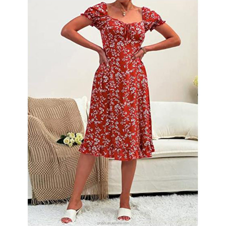 Spring And Summer Women&#039;s Floral Printed Mid-length Short-sleeved High Waist Dress