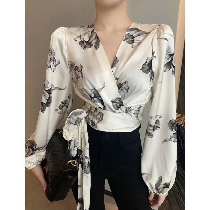 Chiffon Shirt Elegant Commuter Chic Cross Strap V-neck Long Sleeve Shirt 2024 Spring New Top For Women Ins Fashion