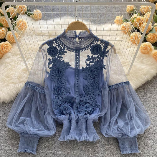 Design Sense Niche Three-dimensional Flower Collage Perspective Mesh Lantern Sleeve Slim Short Top Female Lace Bottoming Shirt