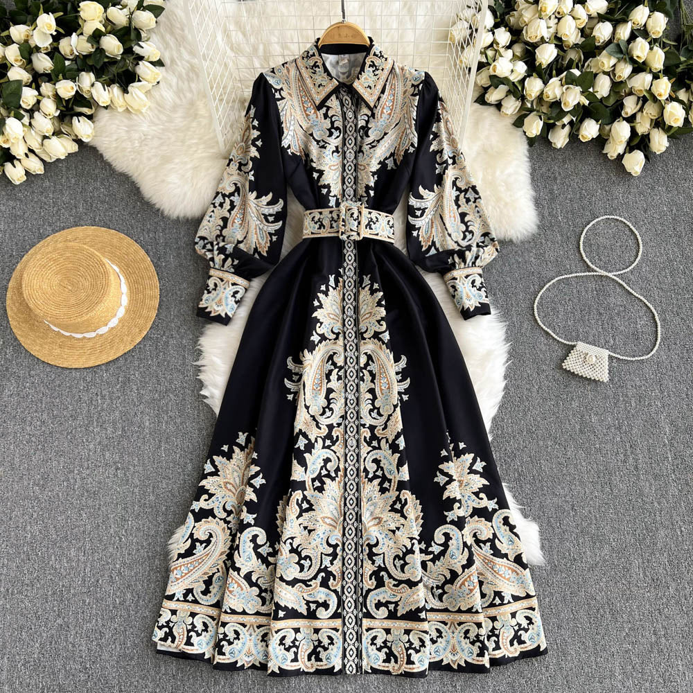 Court Style Retro Printing Temperament Polo Collar Shirt Dress Autumn And Winter New High-end French Waist Dress