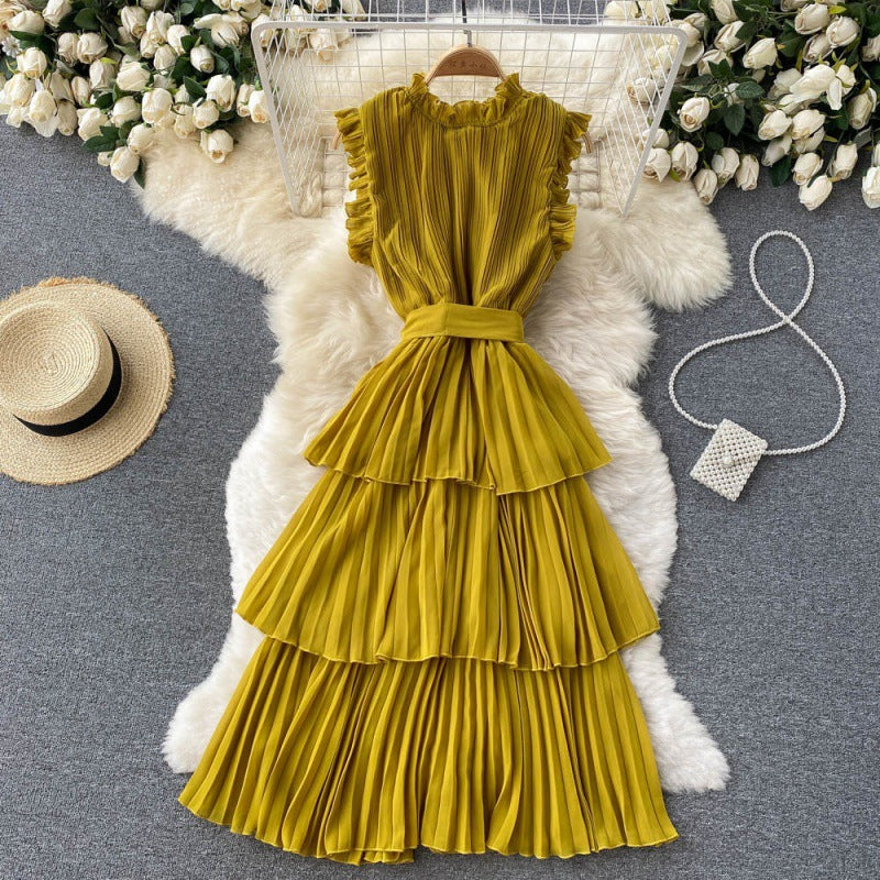 French-style Women&#039;s Heavy Industry Pressed Pleated Wood Ear Side Collar Tie Waist Slimming Ruffled Chiffon Cake Skirt